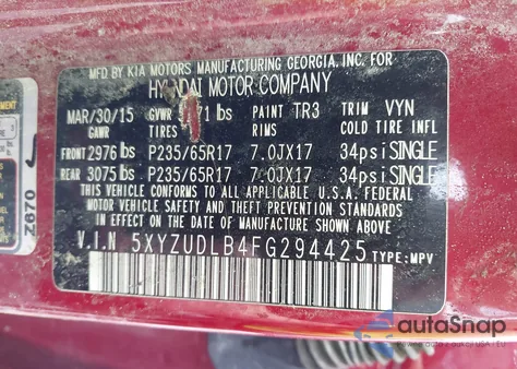 2015 Hyundai Santa Fe Sport 2.4L from USA, damaged, VIN 5XYZUDLB4FG294425